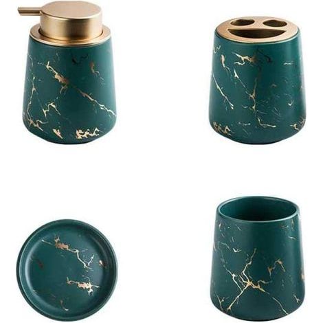 Ensemble de 4 accessoires de salle de bain en céramique marbrée - Distributeur de savon, porte-brosse à dents, gobelet, porte-savon - Vert foncé (1/5)