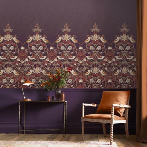 Papier peint panoramique William Morris Strawberry Thief Plum 400 x 250cm Violet