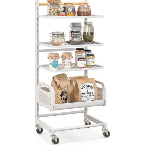 COSTWAY Carrello Portaoggetti a 4 Ripiani, Carrello Rotante Multiuso in Metallo con Ripiani Regolabili, Manico in Legno di Gomma e Ruote Universali Bloccabili, 35,5 x 29 x 84,5 cm (1/5)