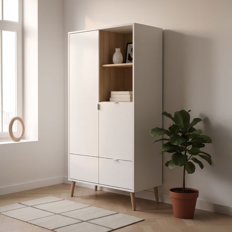 CALICOSY - Buffet haut 2 portes 1 tiroir décor blanc et chêne H155 cm KLINT (1/5)