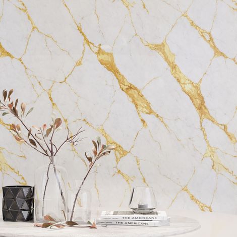 Panneau mural – Blanc Or – Effet Marbre – 250x120x0.3CM