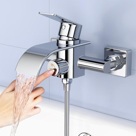 Robinet de Salle de Bain Cascade en Laiton, Mitigeur pour Baignoire Chromé avec Interrupteur de Pression (1/5)