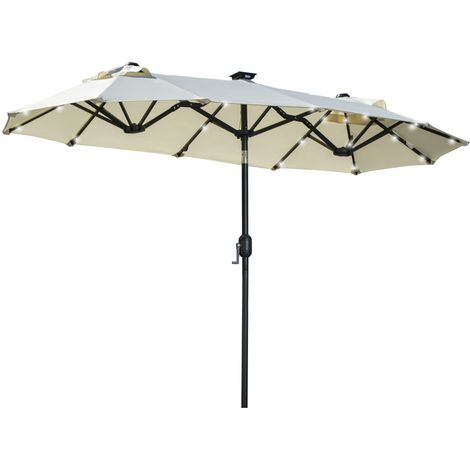 Parasol double, parasol de terrasse, inclinable, avec panneau solaire, 35 LED, structure en acier, beige, 2,92 x 1,50 x 2,18 m