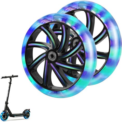 Lot de 2 roues de scooter lumineuses de 200 mm - Pneus clignotants en polyuréthane - Silencieux et résistant à l'usure - Axe de 8 mm avec roulement à billes 608 - Roues de rechange pour scooter - Noir (1/5)