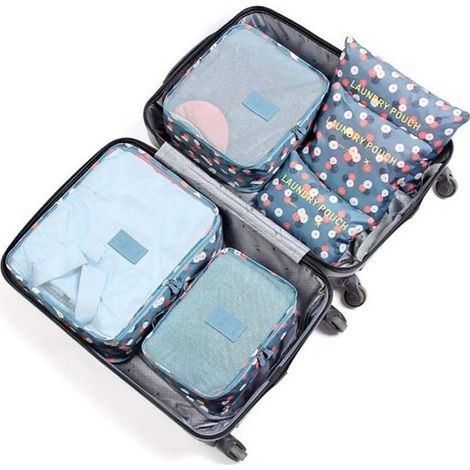 Organisateur de voyage - Non spécifié - Lot de 6 - Polyester - Imprimé fleurs - Bleu (1/3)