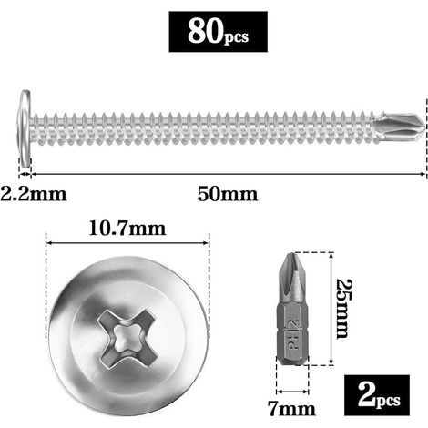 80 selbstbohrende Schrauben aus Edelstahl 410, Phillips-Senkkopf 4,2 x 50 mm, mit 2 Bohrern (silber) (1/5)