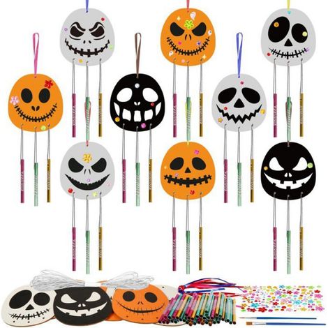 Kit de 9 carillons à vent motifs Halloween en bois brut, activité manuelle pour enfant, décoration pour fenêtre et porte (1/5)