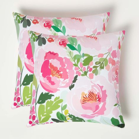 HOMESCAPES Pink Peony Outdoor Cushion 45 x 45 cm, Set of 2