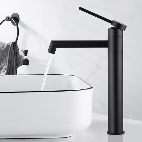 Robinet salle de bain noir mat, mitigeur lavabo haut 360°, robinet vasque à poser, bec 21 cm, acier inoxydable, design moderne (1/5)