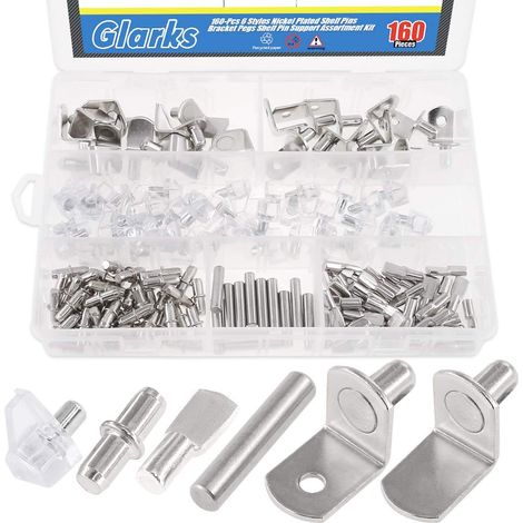 160 Pieces Shelf Brackets Kit 6 Styles - Nickel Pegs, PVC Pins, Flat Spoon, Cylindrical Bracket, L-Shaped Bracket and Wall Plugs for Cabinets (1/5)