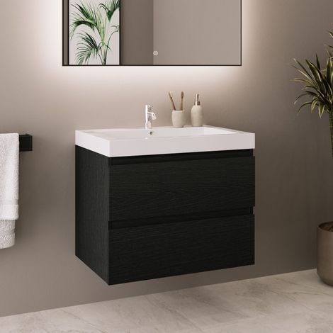 LOMAZOO Meuble de Salle de Bain 60cm Chêne Noir - Vasque Blanche