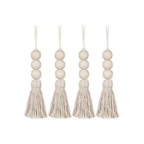 Lot de 4 perles en bois à pompons, style ferme, perles naturelles, chapelet en coton, suspension murale décorative, pendentif à pompons pour placard, armoire ou porche (1/5)