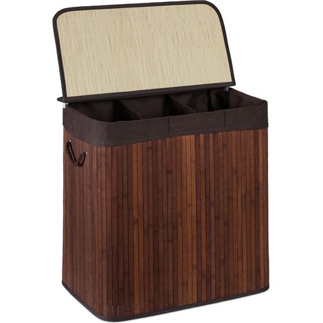 Relaxdays Cesto Portabiancheria Rettangolare, Coperchio, 3 Scomparti Porta Biancheria, 62x62,5x42,5 cm, Bambù, Marrone (1/5)