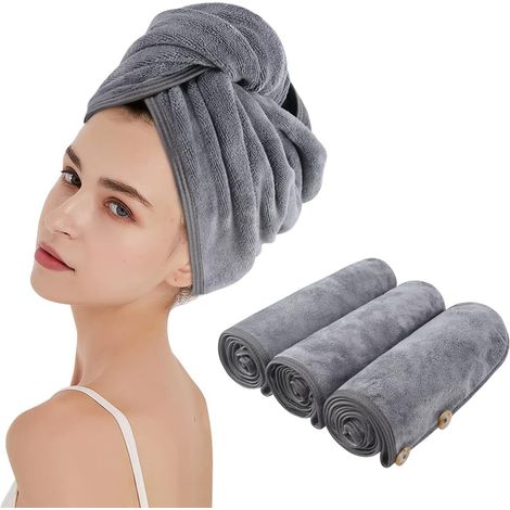 Turban Cheveux - Serviette En Microfibre Absorbante 25 cm x 65 cm - Pour Femme - Lot De 3 (1/5)