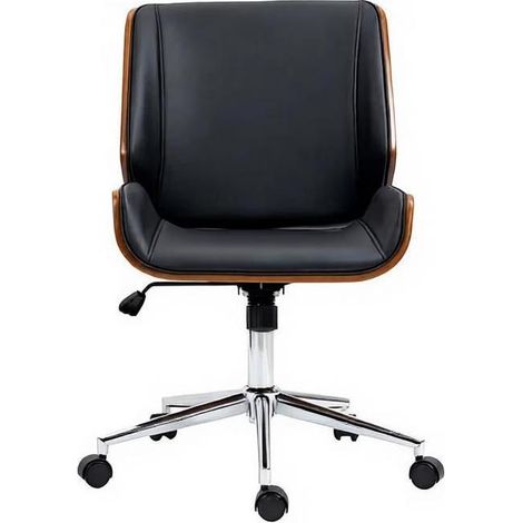 CHICFURN Chaise de bureau ergonomique réglable en hauteur pivotante 360° avec roulettes, assise en cuir régénéré noir et coque en bois foncé, style vintage (1/5)