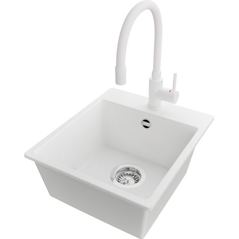 PRIMAGRAN Evier Cuisine en Granit 38x44cm,Lavabo 1 bac + Robinet 38x14cm + Kit de Vidage, Évier à Encastrer au meuble 40cm - Riga Easy, Blanc (1/5)