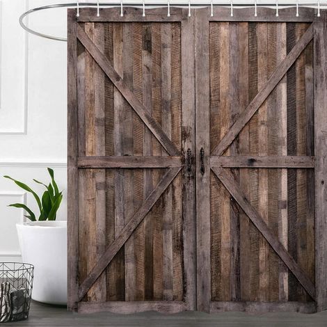 Rideau de douche rustique en bois, style porte de grange, rideau de douche vintage imperméable en polyester, 183 x 183 cm, avec crochets (1/5)