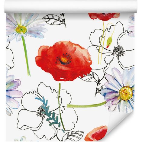 Papel pintado de amapolas y margaritas para salón y dormitorio, 50x1000 cm. (1/5)