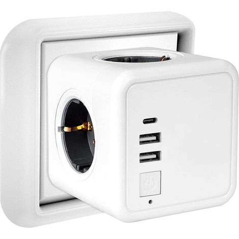 Prise USB Multiple, Multiprise Murale Cube 4 Prises avec 2 USB Secteur, 1 port de type C,7 en 1Bloc Multiprises USB Secteur avec Interrupteur, Multiprise Electrique Murale USB Chargeur, Bureau-LIAIKI