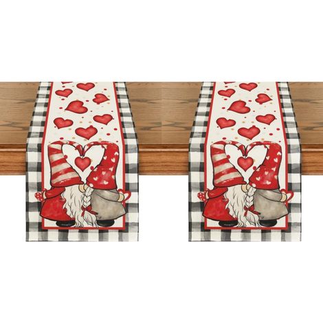 Camino de mesa de acuarela con gnomos y corazones, decoración de temporada para mesa de comedor, cumpleaños, 33 x 183 cm (2 piezas) (1/5)