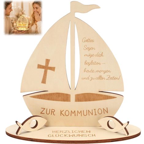 Confirmation Gift for Boys and Girls – Wooden with LED String Lights, Decorative Sailboat, Fish and Engraved Blessing, Religious Celebration Table Decoration, Customizable and Durable Gift Idea (1/5)