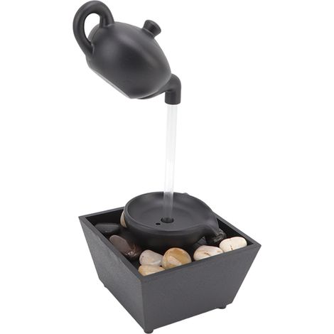 Fontaine d'appoint flottante en forme de théière, alimentée par batterie USB 5V, avec lumières LED et pierres décoratives. (1/5)