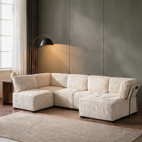Canapé modulaire 6 places en velours côtelé beige en corduroy (1/5)