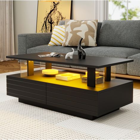 Couchtisch 100x50x42 cm Schwarz Acryl mit LED-Beleuchtung und 2 Schubladen (1/5)