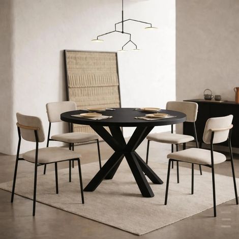 Table de salle à manger ronde extensible RAL avec pieds en bois, style loft, industriel, diamètre : 90 / 140 cm, couleur : noir (1/5)