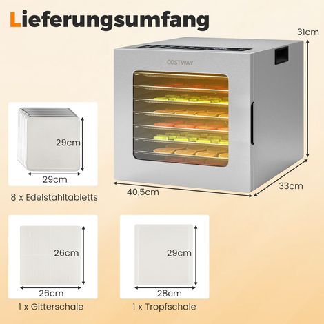 Deshidratador de alimentos, 8 bandejas, temporizador de 48 h, 35-75 °C, plateado