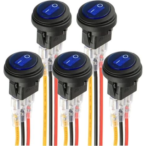 Blauer runder LED-Elektrolumineszenzschalter KCD1-8 wasserdichter Wippschalter 12V 20A Marine und verschiedene wasserdichte 3-polige Beleuchtungen mit Kabelsteuerung (5 Stück) (1/5)