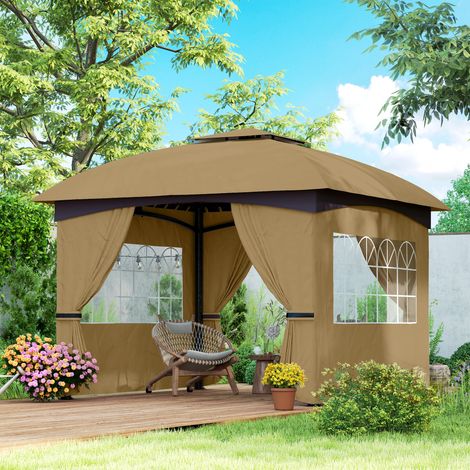 Gartenpavillon 3,4x3,4 m, wasserabweisend, mit 4 Seitenteilen und Doppeldach, UV-Schutz, verzinkter Metallrahmen, Partyzelt für Garten, Beige