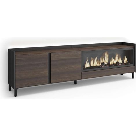 Mueble TV Marbella-01 de 212x61x35 cm con chimenea eléctrica y luces LED, diseño industrial, color roble oscuro y negro (1/4)