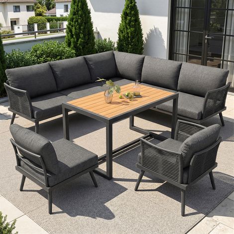 Seyakany Ensemble de salon de jardin en L 7 pièces avec accoudoirs tressés,canapé d'angle+table basse en bois et fauteuil,structure en fer(Gris) (1/5)