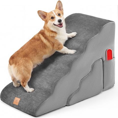 Escaliers pour animaux gris, lot de 2 en mousse avec housses amovibles et bases antidérapantes pour canapé et lit
