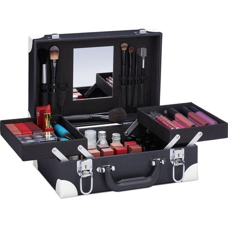 Relaxdays Cosmetic Case, Makeup Storage Box, Nail Varnish Bag, Mirror, Empty, HxWxD 12.5 x 31 x 23 cm, Black/White (1/5)