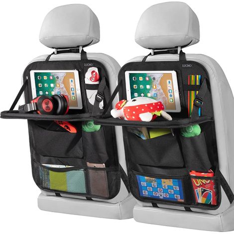 Organisateur de siège arrière de voiture avec support pour tablette (lot de 2), 6 poches de rangement, plateau repas pliable, protections de dossier et tapis de protection anti-coups de pied, accessoi (1/5)