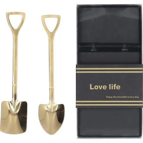 2 pièces cuillères à Pelle, cuillère à Dessert de crème glacée en Acier Inoxydable Petites cuillères à Yaourt pour café thé gâteau au Sucre aux Fruits (Ensemble d'or [Boîte Noire]) (1/5)