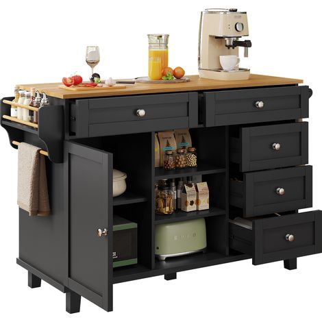 Carrello da cucina Multiuso 134x46x92 cm, Pratico, Mobile o Fisso, con 5 Cassetti e Ante, Realizzato in MDF, Nero (1/4)