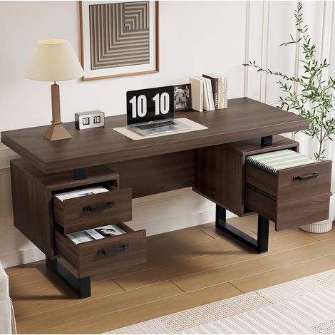 Scrivania 135 x 54 cm con 2 cassetti, vano porta documenti, MDF e acciaio, marrone scuro DESVIAE (1/5)