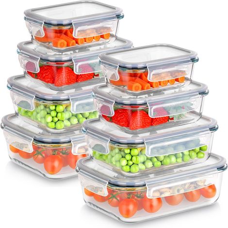 Recipientes de vidrio para alimentos con tapa y cierre hermético, 8 unidades.
