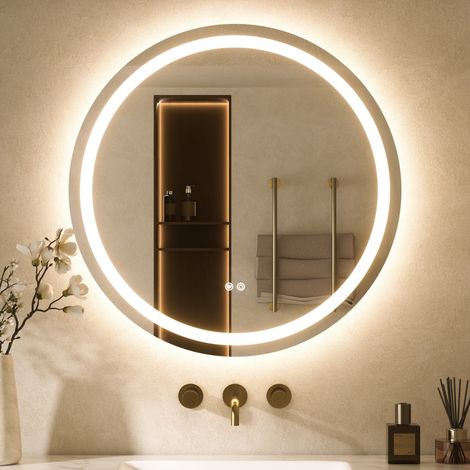 Keonjinn LED-Badspiegel rund 70cm mit Front- und Hintergrundbeleuchtung, 3 Lichtfarben dimmbar, Badspiegel mit Licht, Touch-Schalter, Antibeschlag, Memory-Funktion, HD gehärtetes Glas, IP44, (1/5)