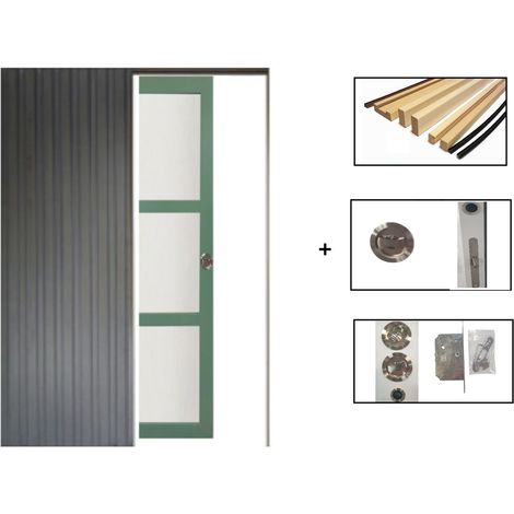 Porta scorrevole verde chiaro con vetro H204 x L83 cm, incassata, kit di finitura Gd Menuseries