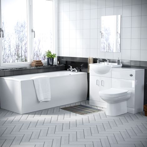 Ellen 1700mm Bath, WC Unit, Back To Wall Toilet, Vanity Basin Unit, Mono and Bath Mixer Taps & Wastes White (1/5)