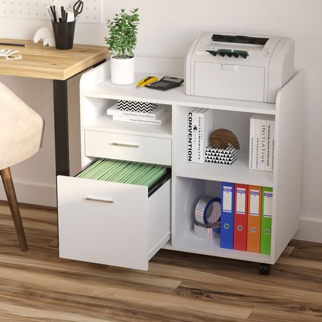 Armario para Impresora con 3 Compartimentos 2 Cajones para Archivos Estante Ajustable Ruedas 80x40x72 cm Blanco (1/5)