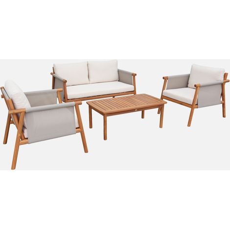 Salotto da giardino in legno di acacia e tessuto beige, 4 posti