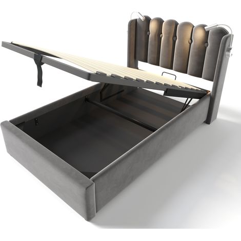 Polsterbett 90x200 in grauem Samt mit Leselicht, USB und Bettkasten MODENUIT (1/5)