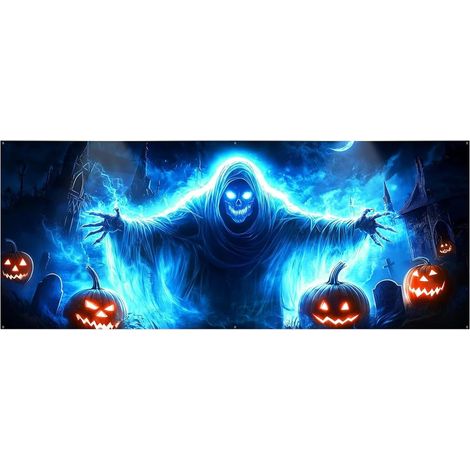Striscione per porta del garage di Halloween, 13x6 piedi, castello spettrale, cimitero creato con occhielli, decorazione esterna di Halloween resistente allo sbiadimento per garage o cortile anteriore (1/5)