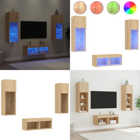 4-tlg. TV-Wohnwand mit LED-Leuchten Sonoma-Eiche - LED-Leuchten - Holzregal (1/5)