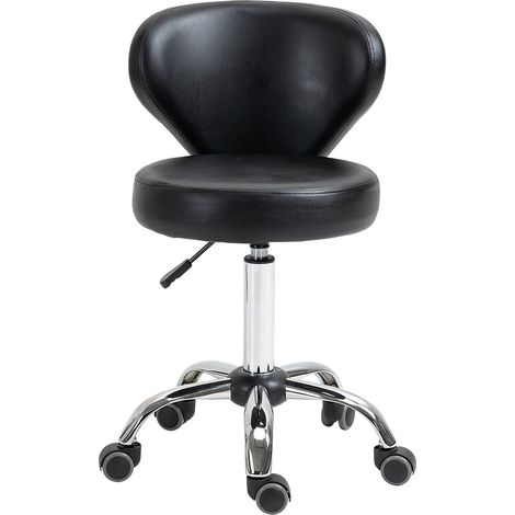 Rollhocker Massagehocker - drehbarer Arbeitshocker 360° - höhenverstellbare Sitzfläche 49-64H cm, ergonomische Rückenlehne - verchromtes Metall in schwarzem Kunstlederbezug
